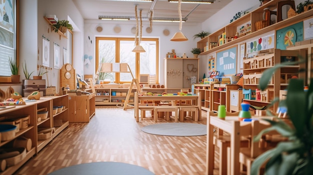 Interior de las aulas preescolares del jardín de infantes con muebles de madera generados por ai