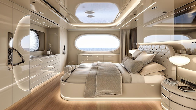 Interior de autocaravana de lujo Estilo de vida de viaje moderno y cómodo Muebles y diseño de alta gama en un vehículo recreativo