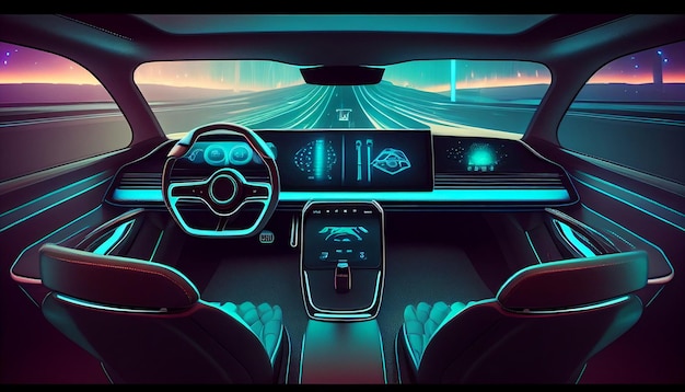 Interior de automóvil sin conductor con futuro tablero para sistema de control autónomo IA generativa