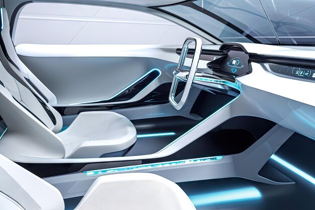 Interior de automóvil futurista con un diseño elegante y minimalista con líneas limpias y dispositivos de alta tecnología