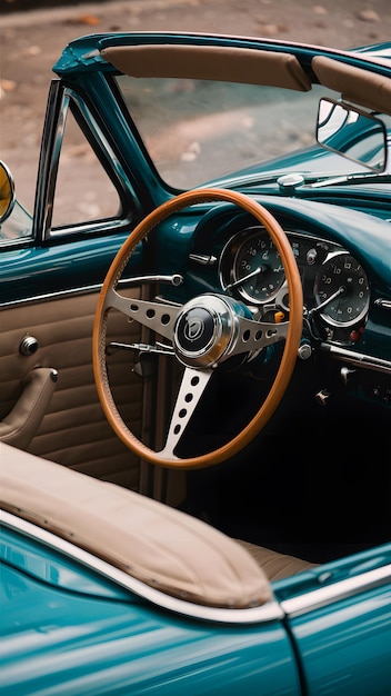 Foto interior de automóviles antiguos volante de madera y acero en papel tapiz móvil vertical cabriolet