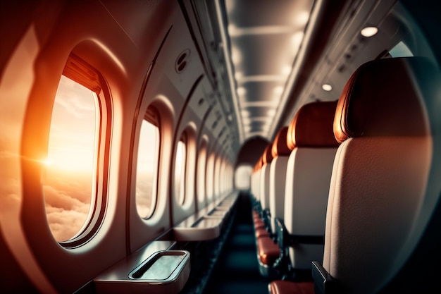 Interior de un avión de pasajeros vacío en el aire Asientos de avión de pasajeros vacíos IA generativa
