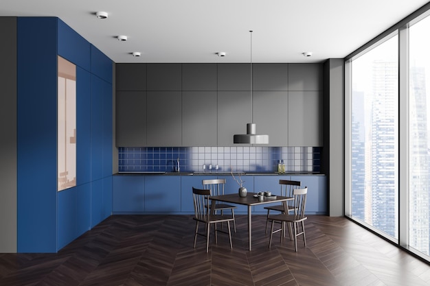 Interior azul e cinza da cozinha