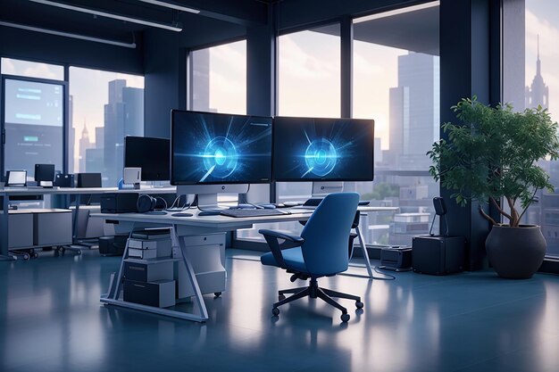 Interior azul oscuro con lugar de trabajo y dos monitores de computadora blancos vacíos reflexiones en el piso conceptos de espacio de trabajo de hackers renderización 3D