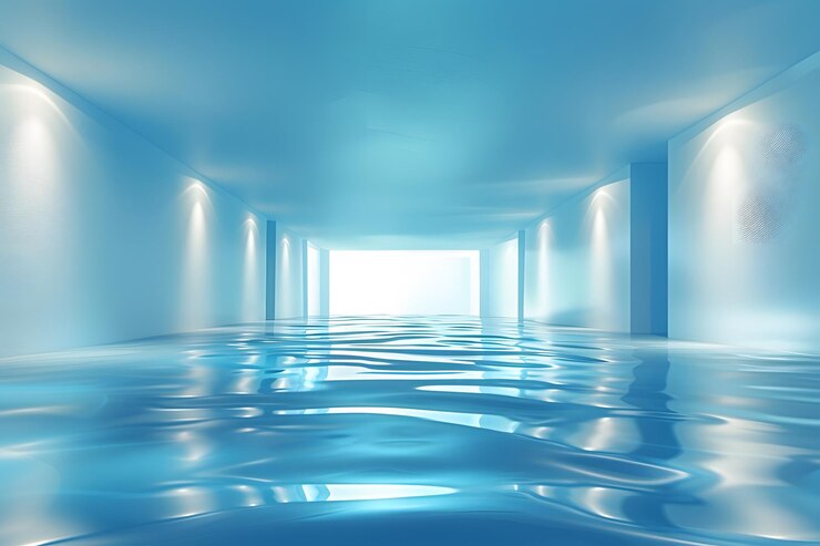 Interior azul sereno con reflejo de agua e iluminación suave