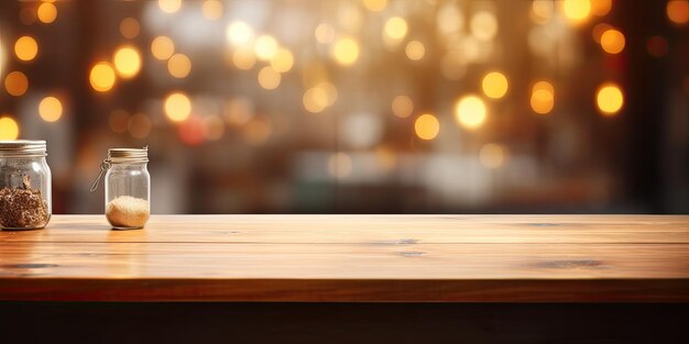 Interior del banco de la cocina con imagen de bokeh en una mesa de madera marrón