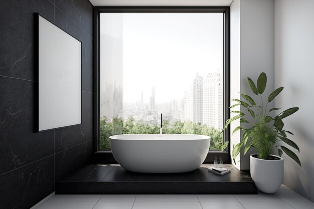 El interior de un baño con una bañera blanca y una ventana de azulejos negros con una planta y una vista de la ciudad antes de entrar en una maqueta de lienzo en una pared blanca