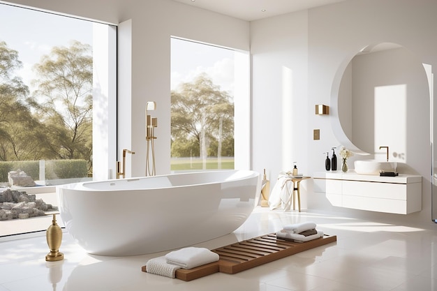 Interior de baño blanco de elegancia moderna con ventana de accesorios de bañera de lujo y pared blanca