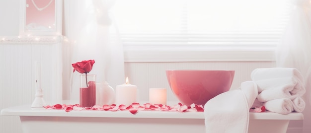 Interior de baño blanco elegante con rosas y velas Un baño relajante