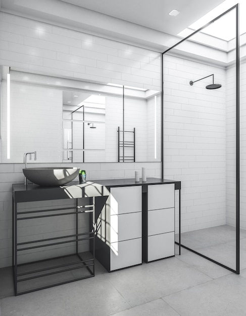 Interior de baño blanco con lavabo y espejo Concepto de estilo de lujo 3D Rendering