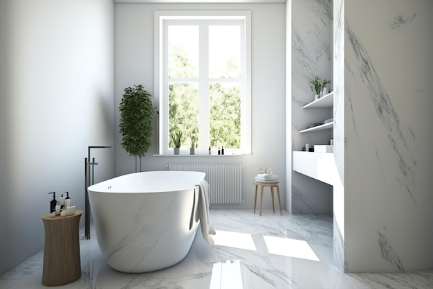 Interior de un baño blanco y de mármol con una bañera blanca sobre un suelo de madera junto a una silla con artículos de cuidado personal y una maqueta