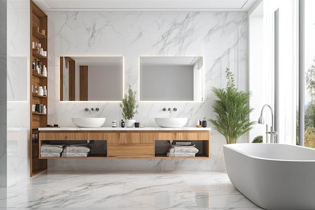 Interior del baño en blanco y mármol con un piso gris un fregadero doble y un gran espejo horizontal colgando sobre él una maqueta