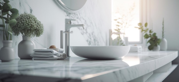 Interior de baño blanco Mesa de mármol vacía para exhibición de productos con interior de baño borrosoIA generativa