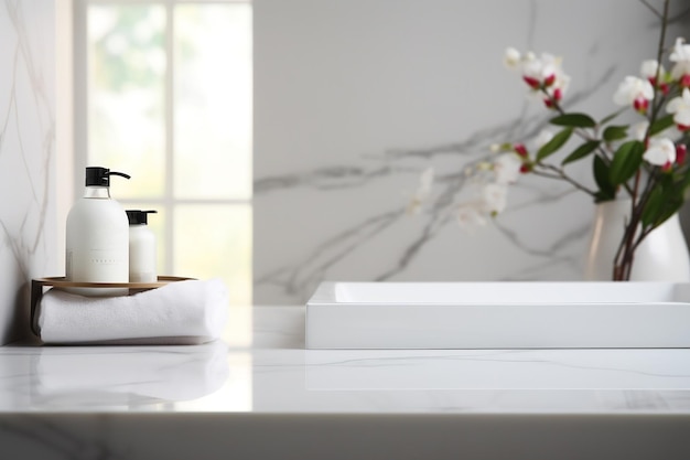 Interior de baño blanco minimalista con mesa de mármol IA generativa