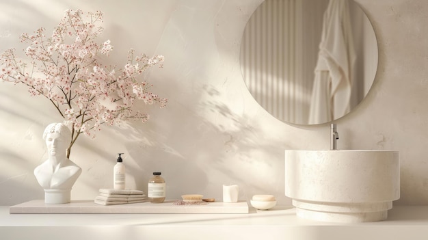 Interior de baño blanco con toallas de jabón de espejo de fregadero