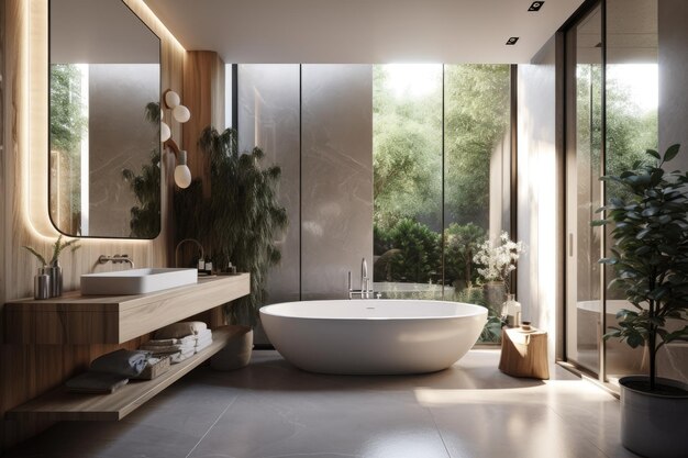 Foto interior de un baño de casa moderno de lujo con una planta de estantería de bañera de vidrio y una ventana