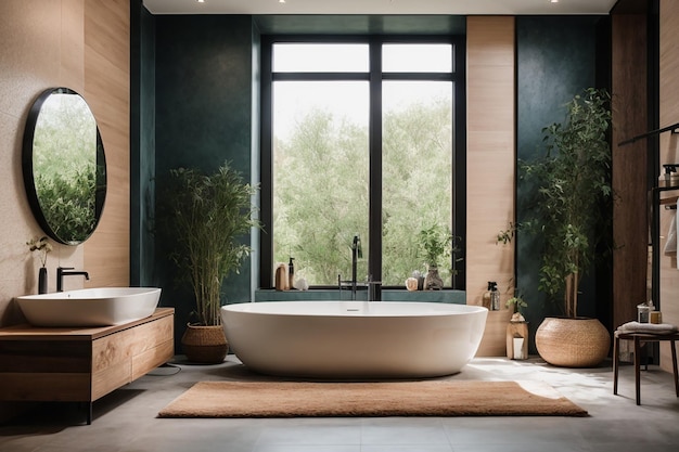 Interior del baño en colores claros y oscuros en una casa moderna.