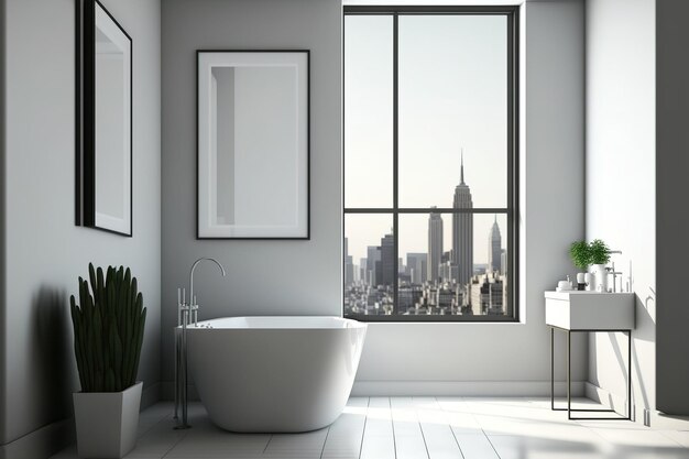 Interior de un baño contemporáneo con vistas a la ciudad y un póster de pared en blanco Concepto de diseño y estilo de una maqueta