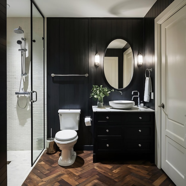 Interior del baño con ducha de inodoro de parquet oscuro y espejo ovalado paredes blancas y negras vista delantera