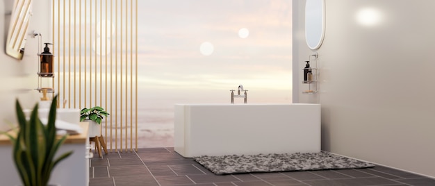 Interior de baño espacioso de lujo con bañera sobre vista del cielo en renderizado 3d de fondo