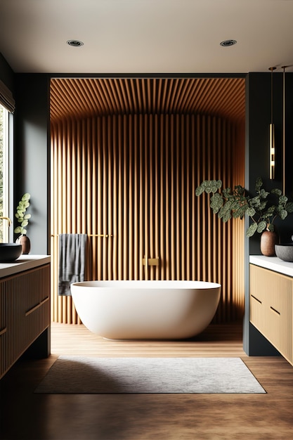 Interior de baño de estilo nórdico escandinavo y minimalista con detalles de madera ai generativo