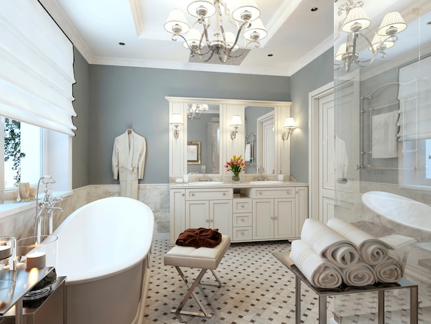 Interior de baño de estilo provenzal con paredes grises y muebles blancos