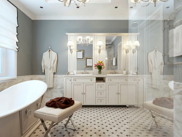 Interior de baño de estilo provenzal con paredes grises y muebles blancos