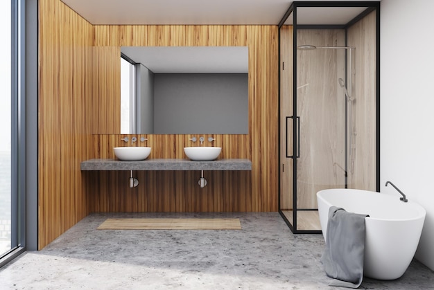 Interior de baño gris con suelo gris, bañera blanca, cabina de ducha y lavabo doble. maqueta de renderizado 3d