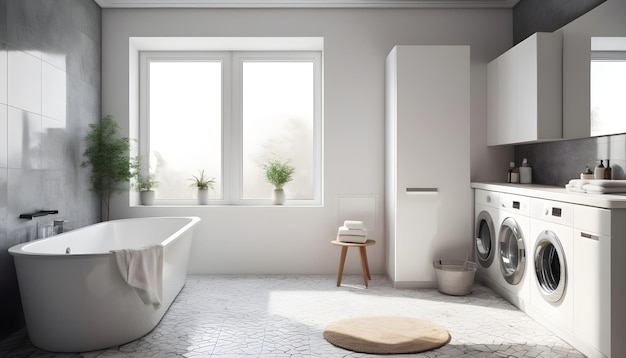 Interior del baño en habitación blanca con bañera y lavadora en pared blanca renderizado en 3D