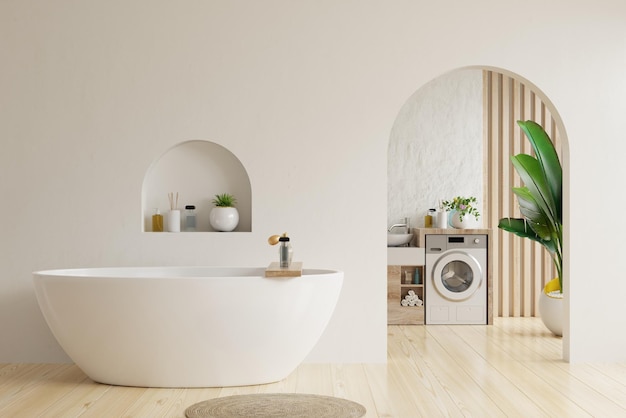 Interior de baño en habitación blanca con bañera y lavadora en renderizado wall3d blanco