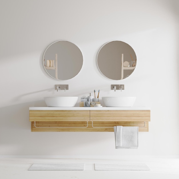 Interior de baño con lavabo doble de espejo redondo y gabinetes de madera clara 3d renderizado