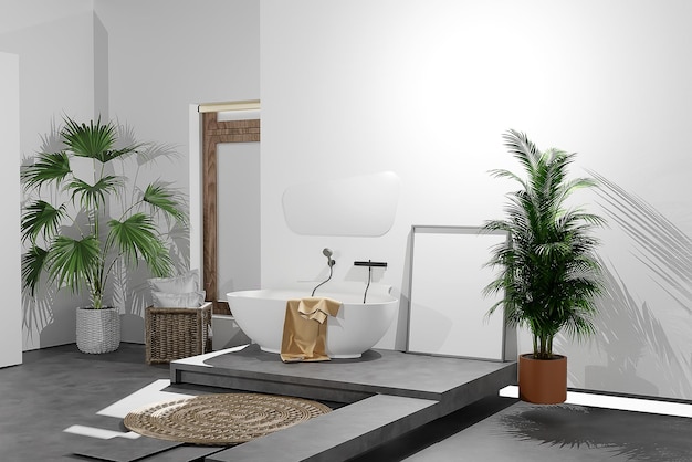 Interior de baño ligero con unidad de estantería de bañera y flores d render