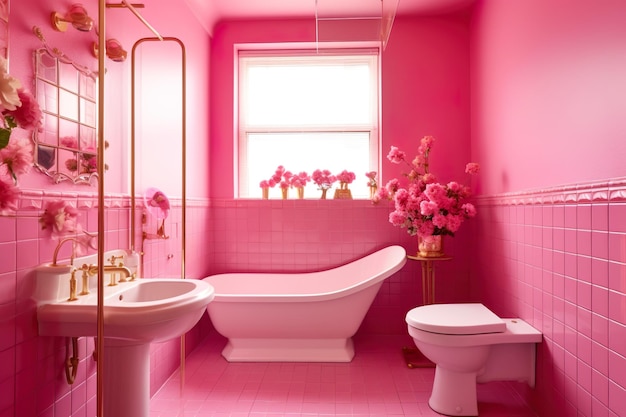Interior de baño de lujo baño temático rosa baño de baño de color rosa AI generado