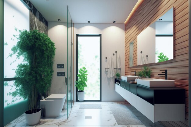 Interior de baño de lujo y moderno, amplio, grande, mínimo, con estilo, lavabo, espejo grande, pl verde