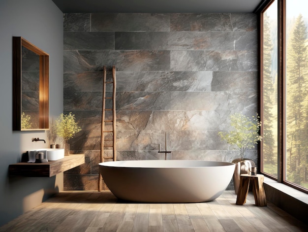 Interior de baño de lujo moderno con una bañera independiente cerca de una gran ventana con vistas a la naturaleza Ilustración generativa Ai