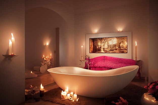Foto interior de baño de lujo romántico con bañera y espejo, velas y luces doradas suaves