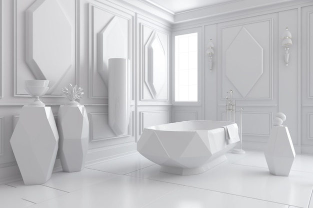 Interior de baño de lujo en tonos blancos Minimalismo 3D render