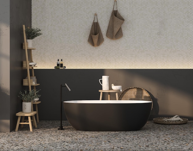 Interior de baño minimalista moderno con bañera negra, plantas interiores, accesorios de baño, suelo de terrazo de pared negra, renderizado 3d