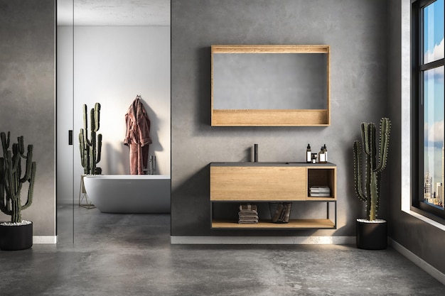 Interior de baño minimalista moderno Mueble de baño moderno Fregadero blanco Tocador de madera Plantas interiores Accesorios de baño Bañera Paredes blancas y de concreto Piso de concreto Representación 3d