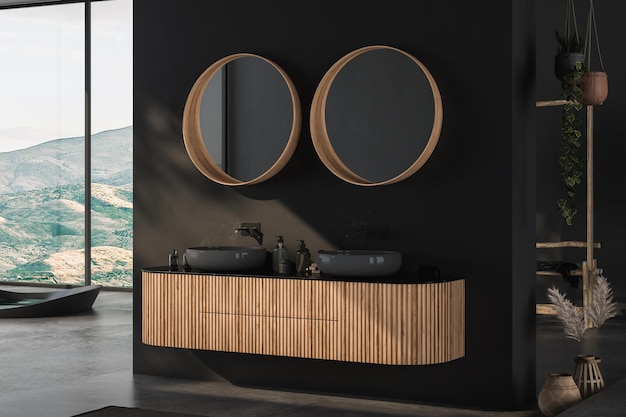 Interior de baño minimalista moderno mueble de baño moderno lavabo blanco tocador de madera plantas interiores accesorios de baño bañera paredes negras suelo de hormigón renderizado 3d