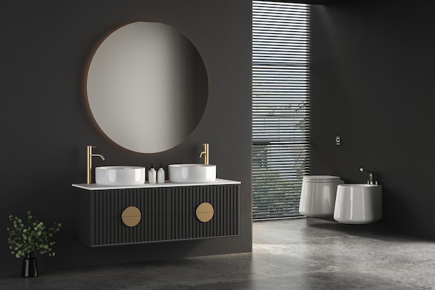 Interior de baño minimalista moderno, mueble de baño moderno, lavabo doble, plantas interiores, baño