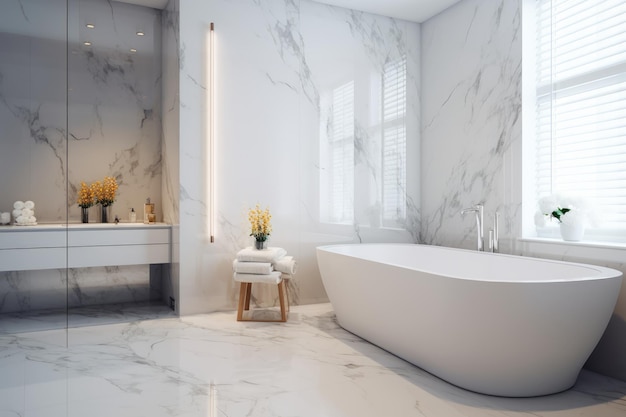 Interior de baño moderno de diseño minimalista con pared de mármol de color blanco