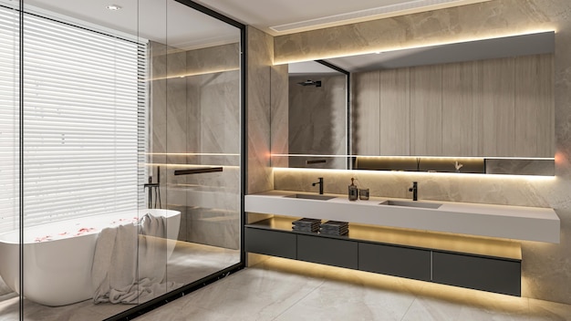 El interior del baño moderno con escena completa en 3D