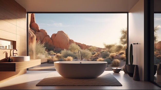 Un interior de baño moderno con una hermosa vista del desierto