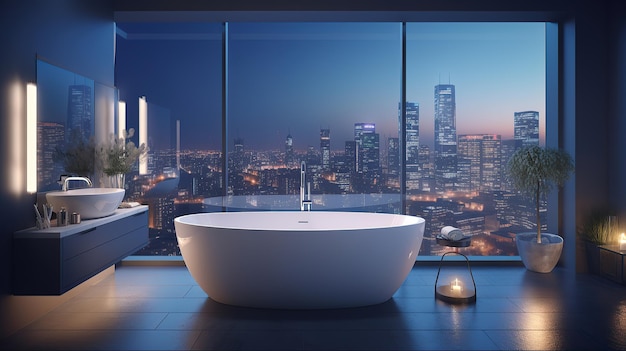 Un interior de baño moderno con una hermosa vista del horizonte urbano durante la hora azul