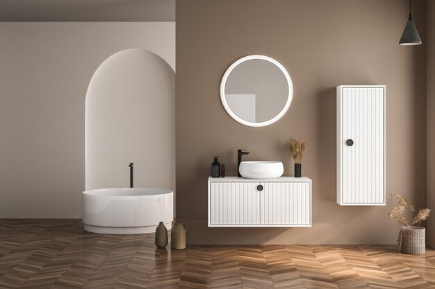 Interior de baño moderno con lavabo blanco de pared beige con bañera de espejo ovalado y parquet. renderizado 3D