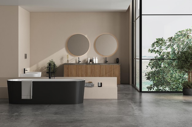 Interior de baño moderno con lavabo de mármol de paredes beige con bañera negra de doble espejo y suelo de hormigón gris. Baño minimalista con muebles modernos. Vistas al árbol y al paisaje. Representación 3D.