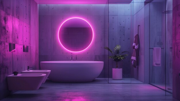 Interior de baño moderno con luz de círculo de neón y accesorios blancos