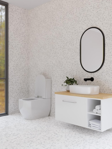 Interior de baño moderno, minimalista, blanco y limpio con mostrador de baño con lavabo y espejo