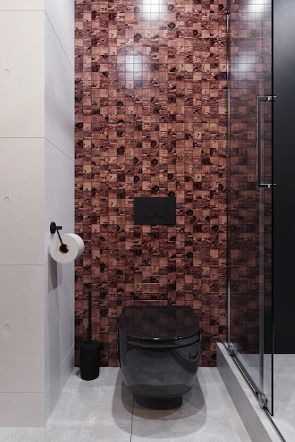 Interior de baño moderno con mosaico marrón y baño negro. Representación 3d